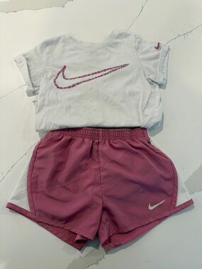 Nike White Tee with Pink Floral Swoosh & Rose Pink Athletic Shorts